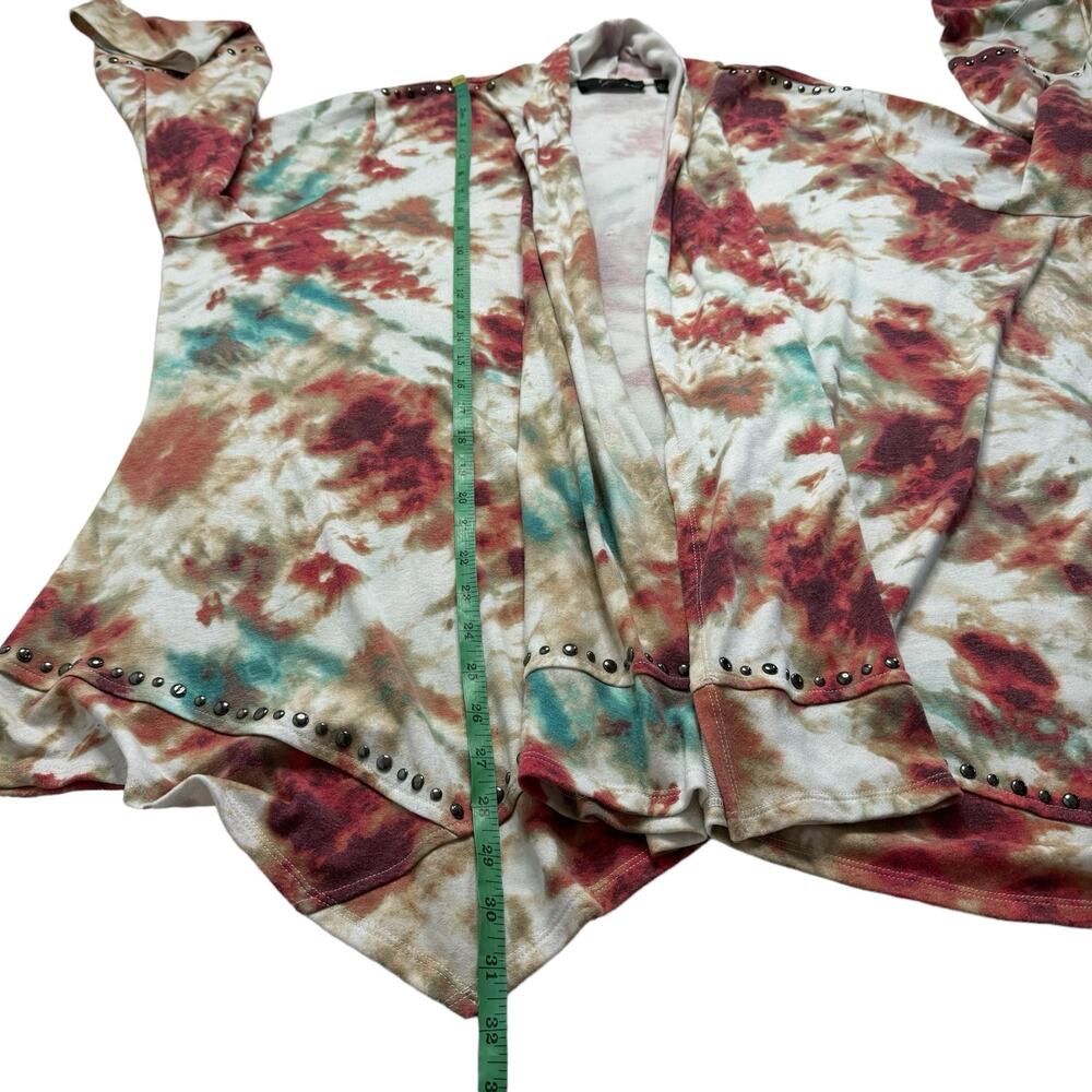CYRUS WOMAN Tie Dye Studded Open Terry Knit Cardigan Size 3X Red Pink Green Whit - Picture 9 of 10